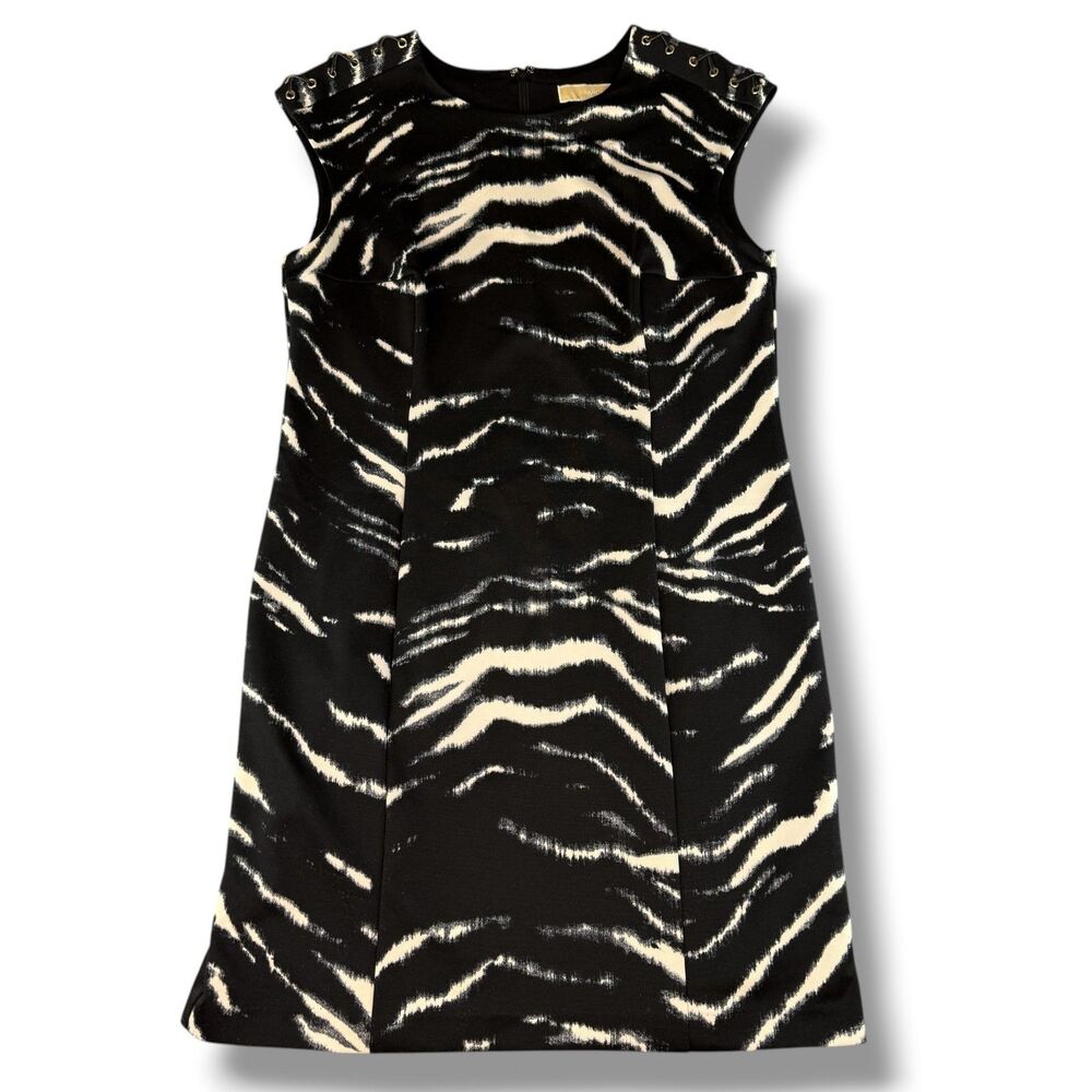 Michael Kors Black & White Zebra Print Sleeveless Sheath Lace Up Shoulder Dress - Picture 2 of 7